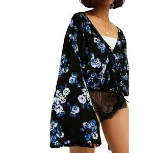 Free People Black Floral Lace Bodysuit Top M Romantic Dark Fairy Boho Whimsy NEW